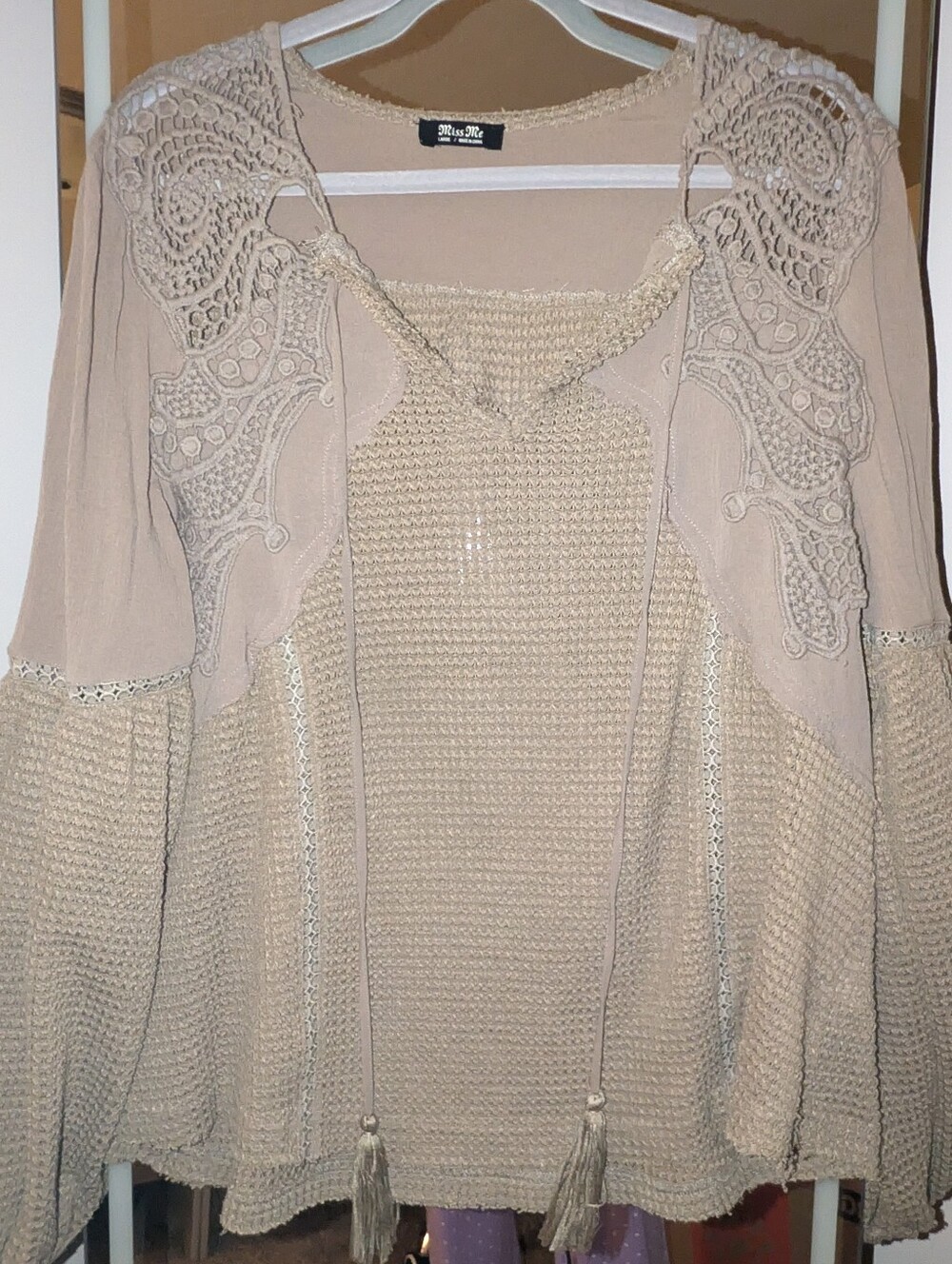 Miss Me Taupe Crochet Knit Hoodie with Lace Yoke